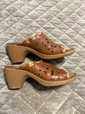Dansko Tan Floral Cutout Leather Mule Clogs
